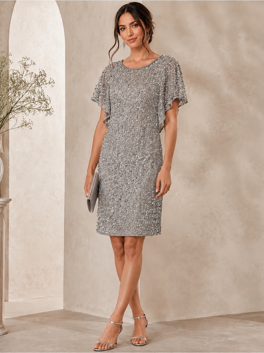 Adrianna Papell Silver Sequin Embellished Women's Cocktail Dress